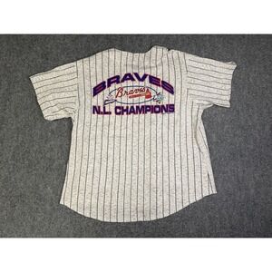 Vintage 1999 Atlanta Braves World Series Pinstripe Button Up Shirt Size XL